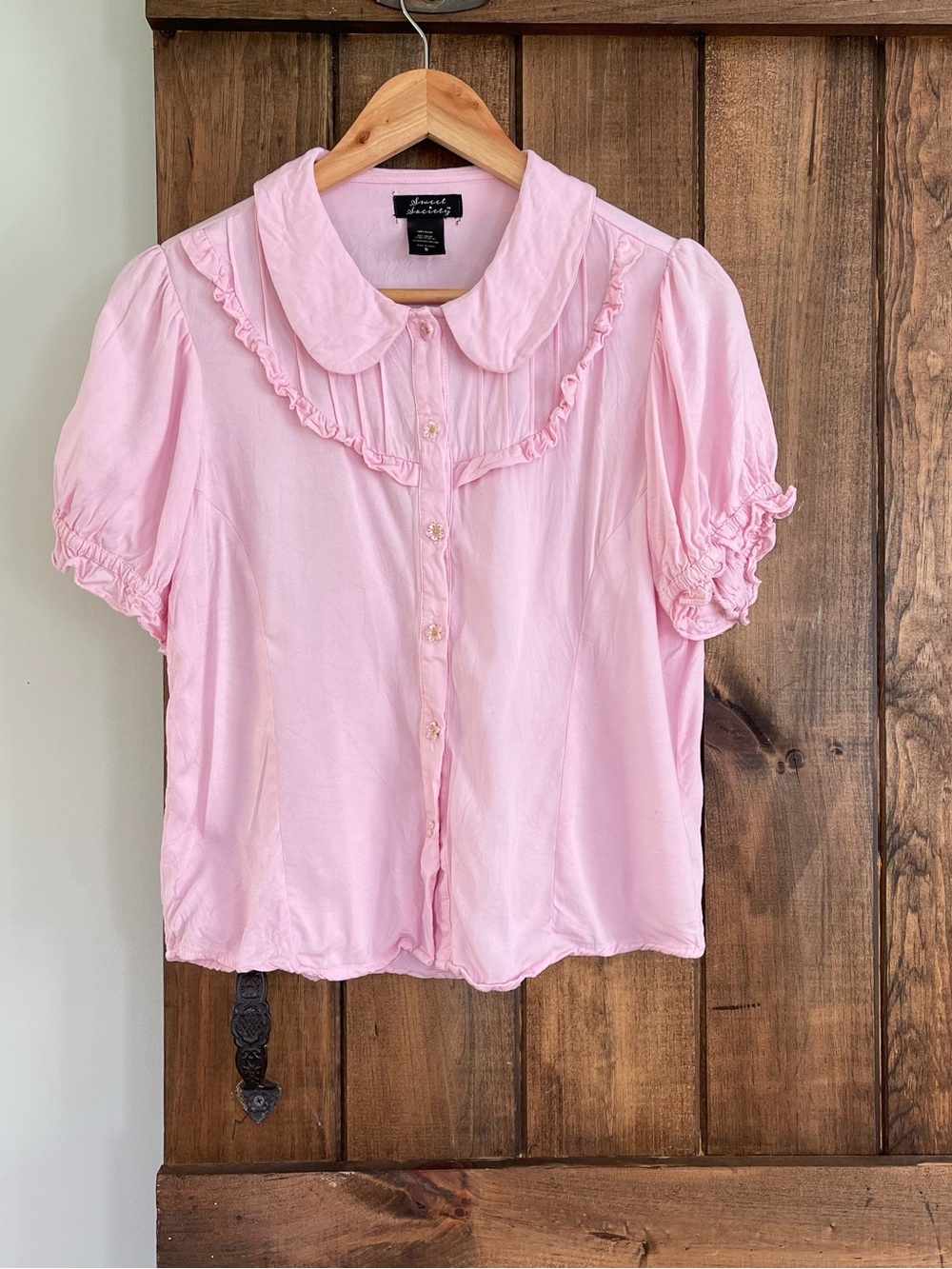 Sweet Society Pastel Pink Ruffle Yoke Flower Button Top Small Coquette Dollette